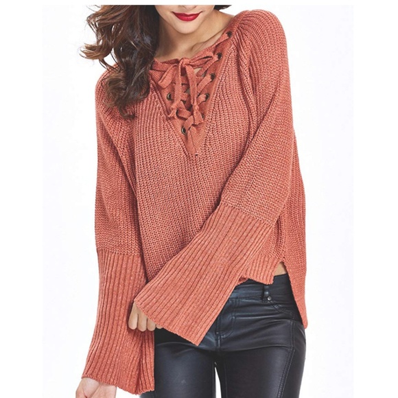 NWT Rust Lace Up Bell Sleeve Knit Sweater - Picture 5 of 6